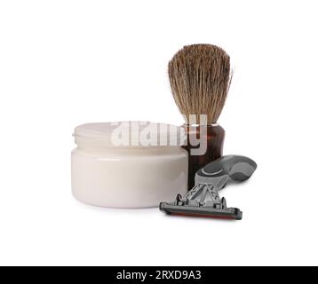 Different men`s shaving accessories on white background Stock Photo
